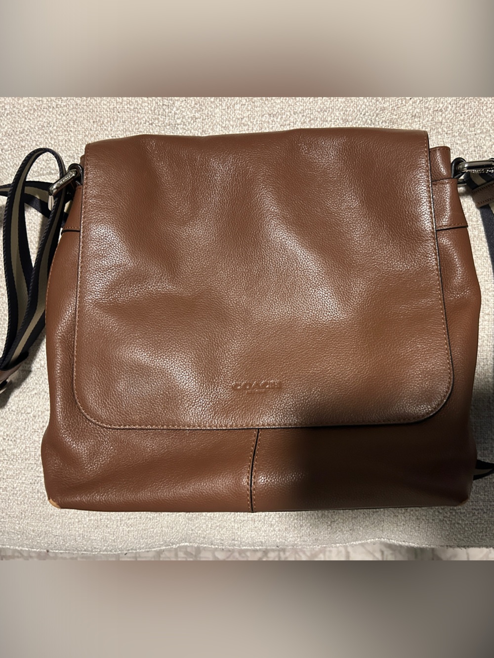 Coach Brown Leather Messenger Bag with Striped Strap